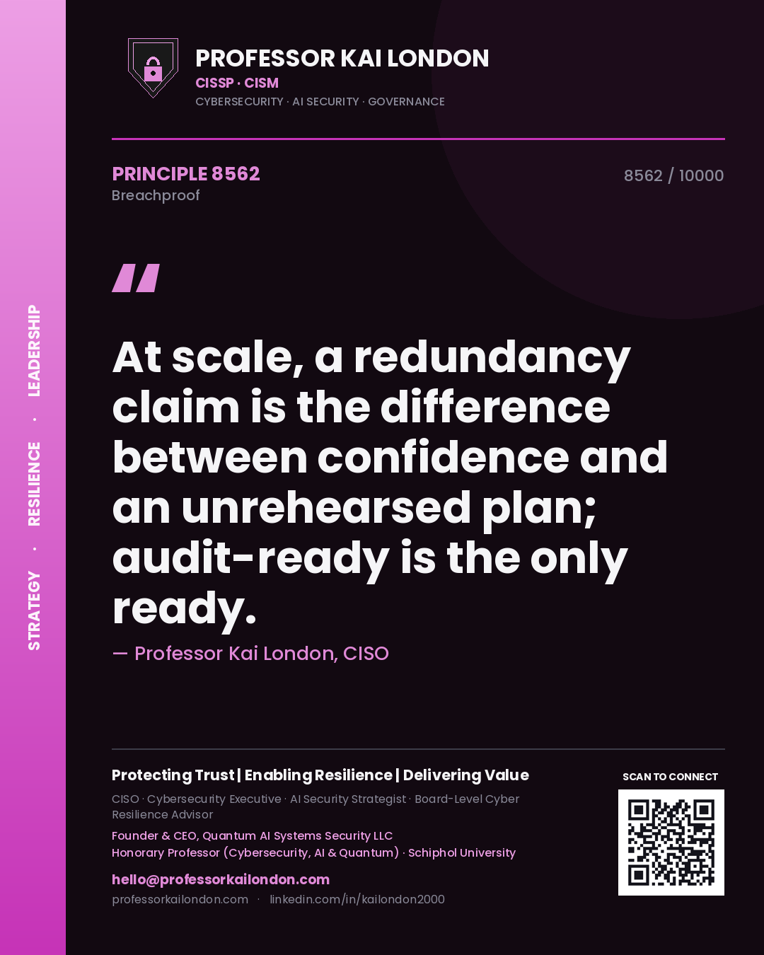 Quote card by Professor Kai London reading 'At scale, a redundancy claim is the difference between confidence and an unrehearsed plan; audit-ready is the only ready.'. From the book Breachproof.