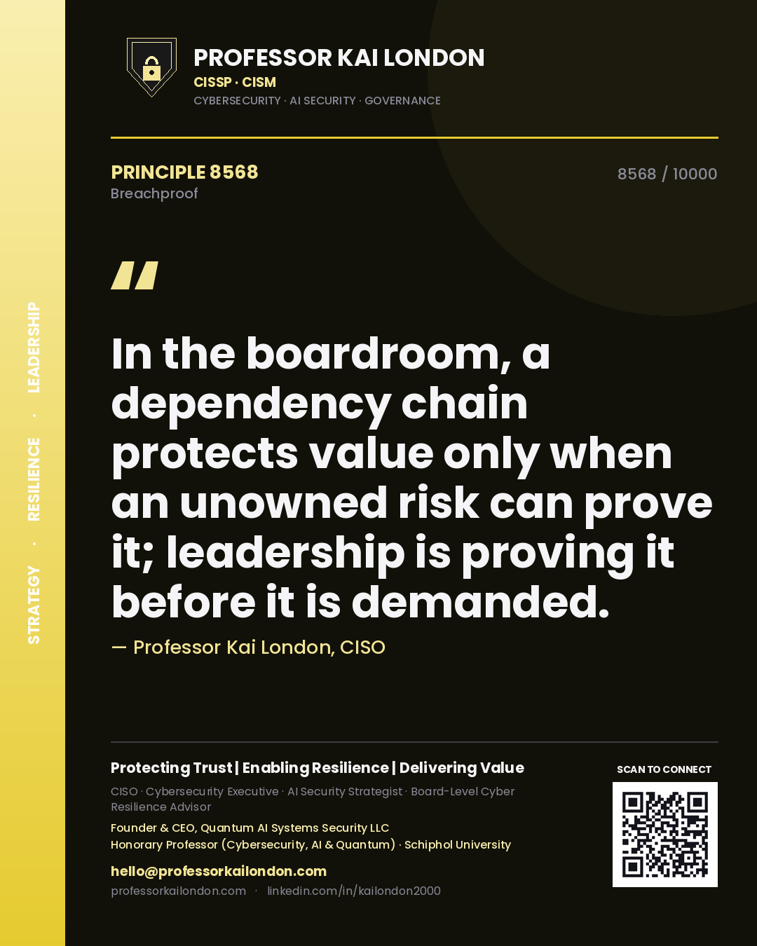 Quote card by Professor Kai London reading 'In the boardroom, a dependency chain protects value only when an unowned risk can prove it; leadership is proving it before it is demanded.'. From the book Breachproof.