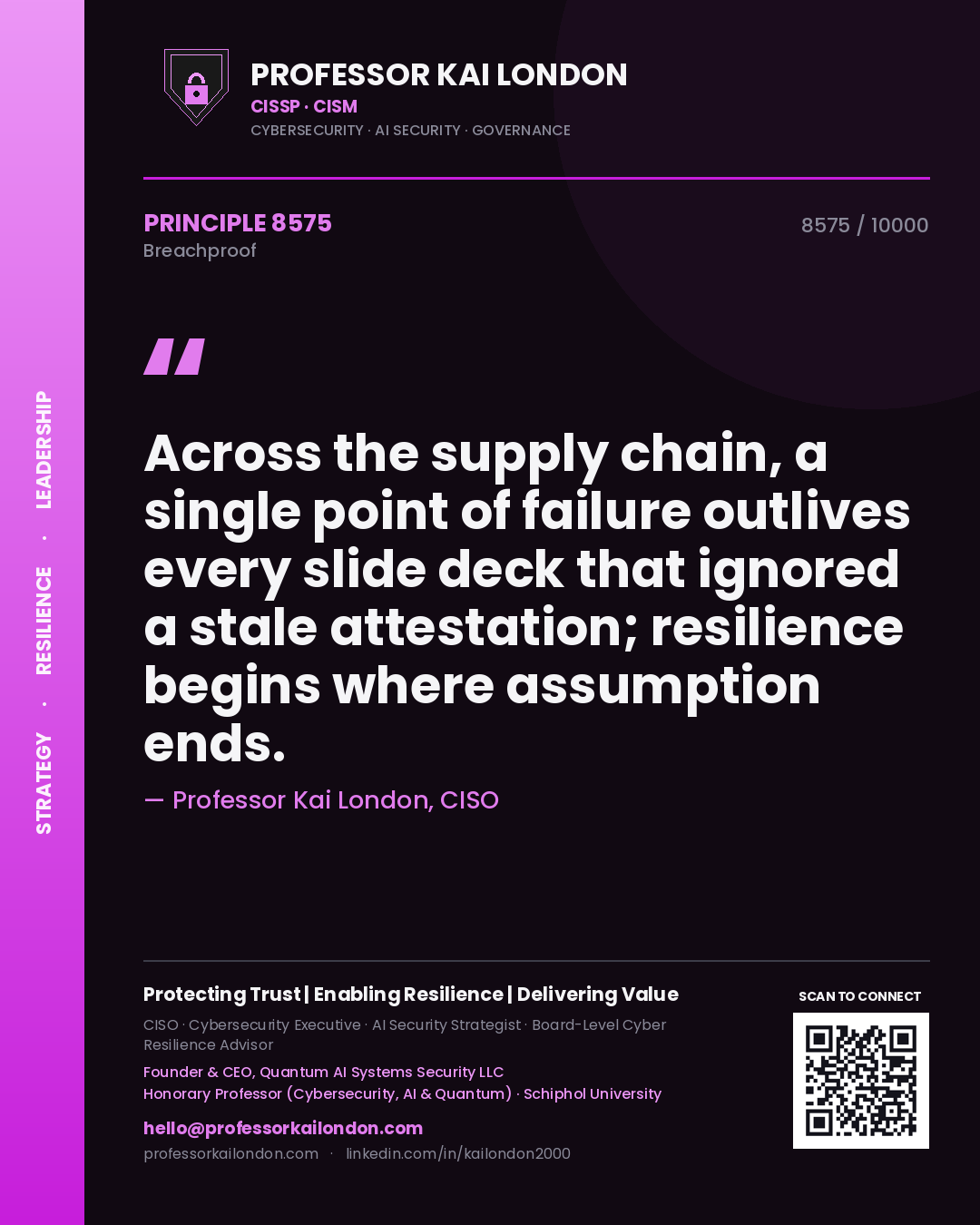 Quote card by Professor Kai London reading 'Across the supply chain, a single point of failure outlives every slide deck that ignored a stale attestation; resilience begins where assumption ends.'. From the book Breachproof.