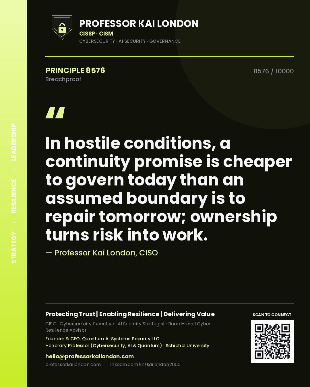 Quote card by Professor Kai London reading 'In hostile conditions, a continuity promise is cheaper to govern today than an assumed boundary is to repair tomorrow; ownership turns risk into work.'. From the book Breachproof.