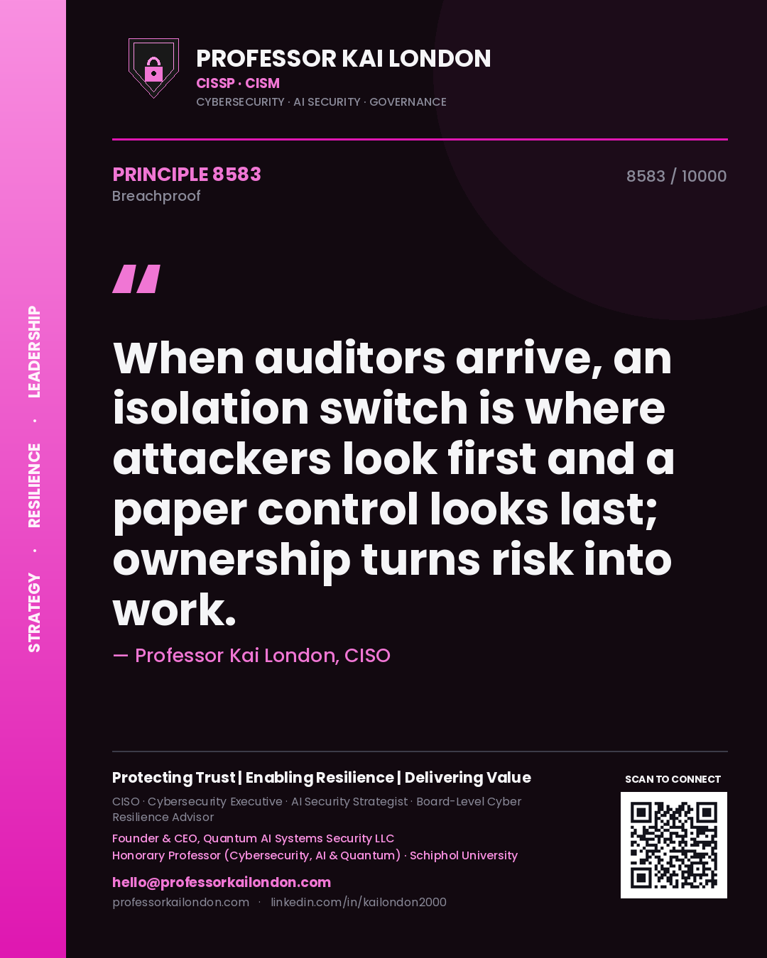 Quote card by Professor Kai London reading 'When auditors arrive, an isolation switch is where attackers look first and a paper control looks last; ownership turns risk into work.'. From the book Breachproof.