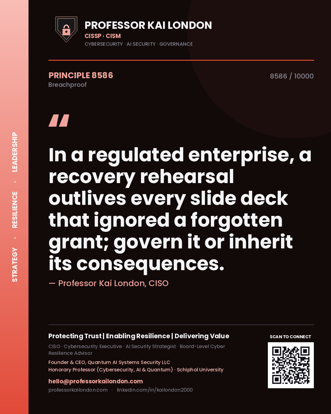 Quote card by Professor Kai London reading 'In a regulated enterprise, a recovery rehearsal outlives every slide deck that ignored a forgotten grant; govern it or inherit its consequences.'. From the book Breachproof.
