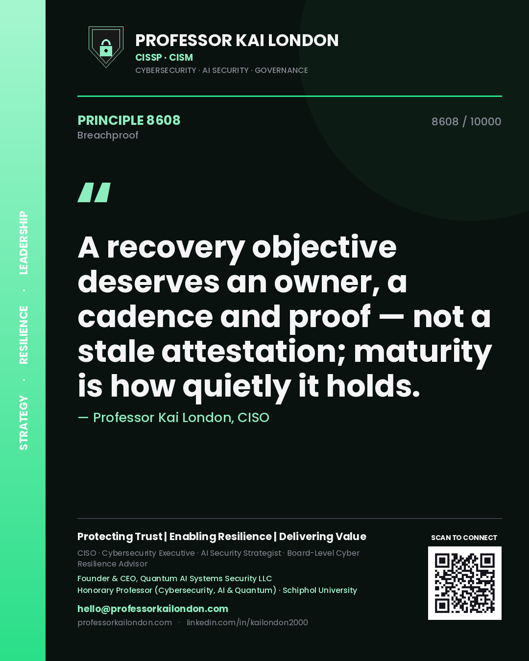 Professor Kai London principle 8608: A recovery objective deserves an owner, a cadence and proof — not a stale attestation; maturity is how quietly it holds.