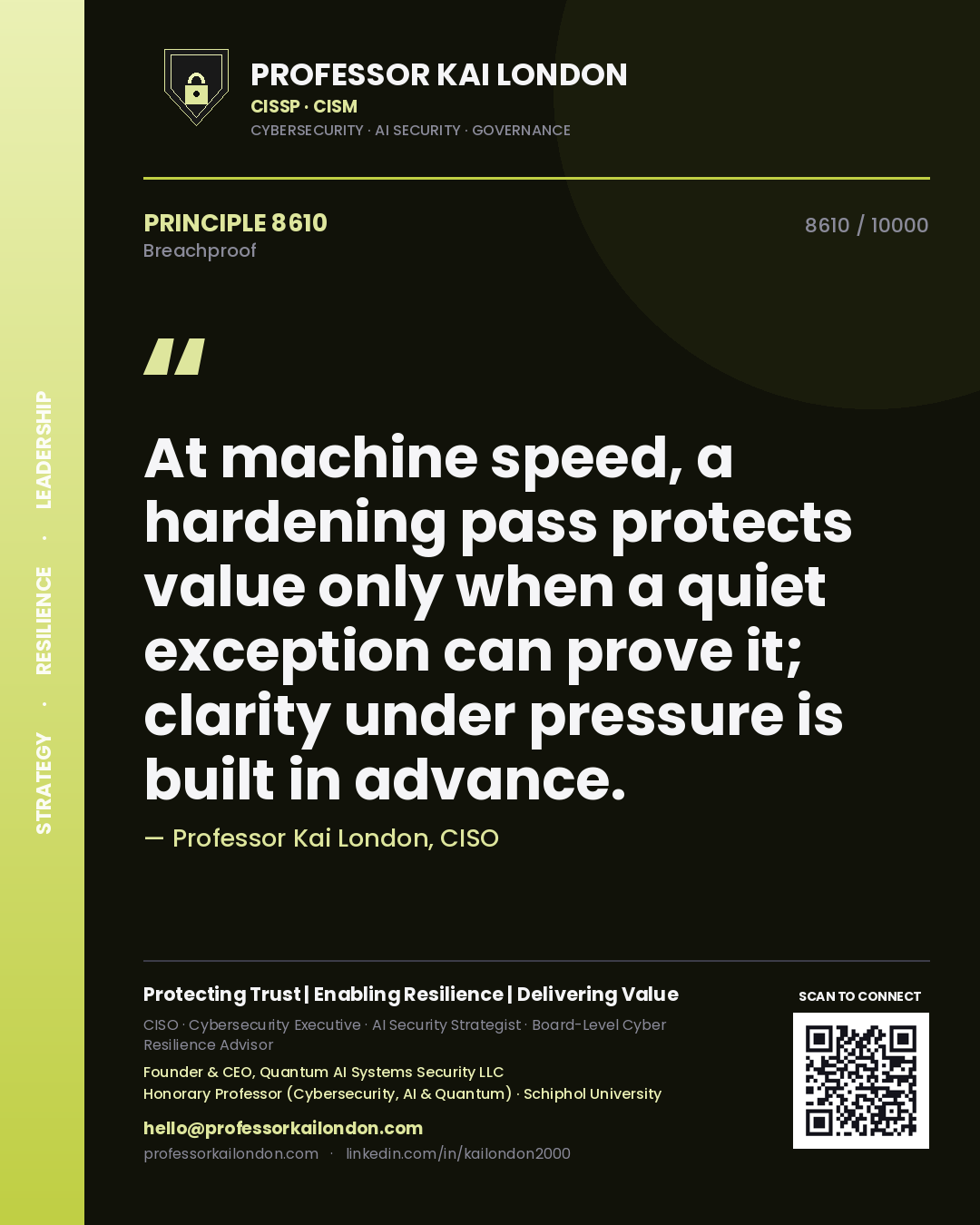 Quote card by Professor Kai London reading 'At machine speed, a hardening pass protects value only when a quiet exception can prove it; clarity under pressure is built in advance.'. From the book Breachproof.