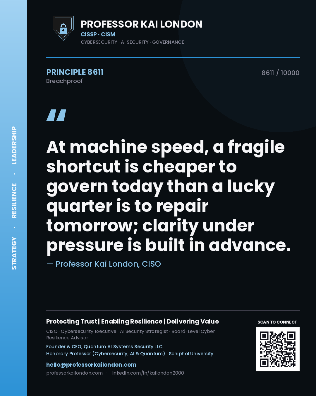 Professor Kai London principle 8611: At machine speed, a fragile shortcut is cheaper to govern today than a lucky quarter is to repair tomorrow; clarity under pressure is built in advance.