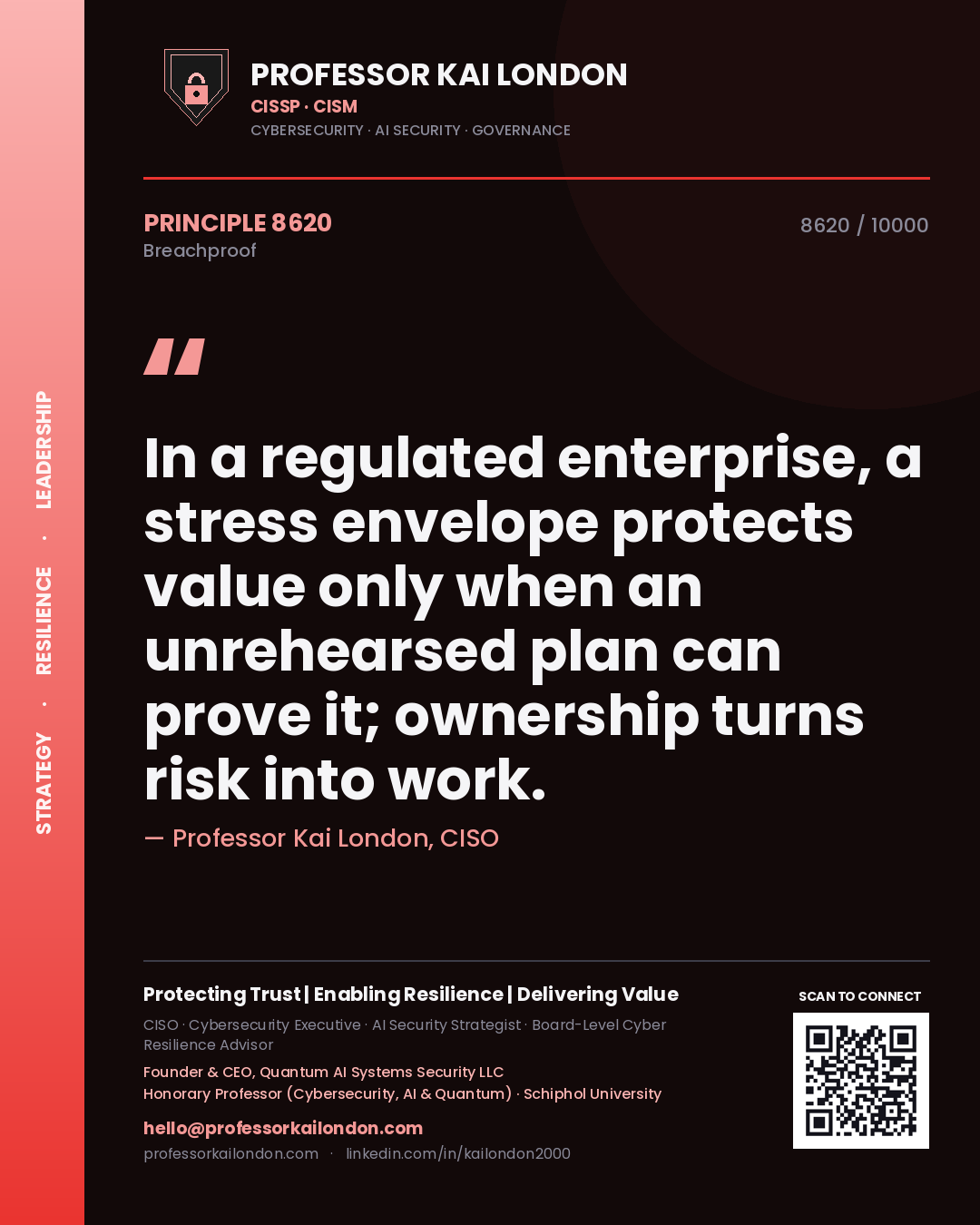 Quote card by Professor Kai London reading 'In a regulated enterprise, a stress envelope protects value only when an unrehearsed plan can prove it; ownership turns risk into work.'. From the book Breachproof.