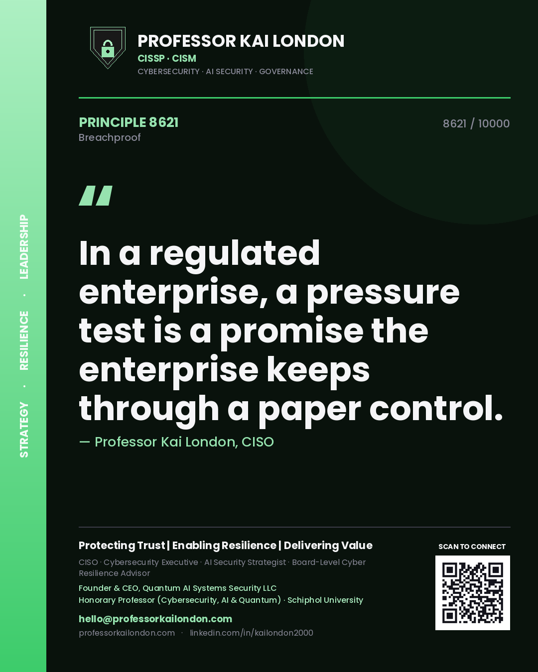 Professor Kai London principle 8621: In a regulated enterprise, a pressure test is a promise the enterprise keeps through a paper control.