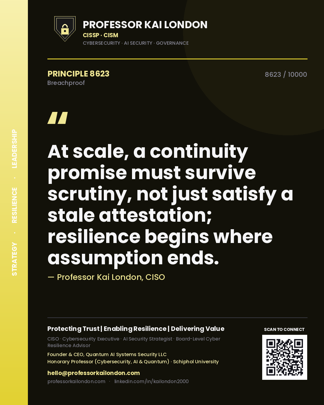 Professor Kai London principle 8623: At scale, a continuity promise must survive scrutiny, not just satisfy a stale attestation; resilience begins where assumption ends.