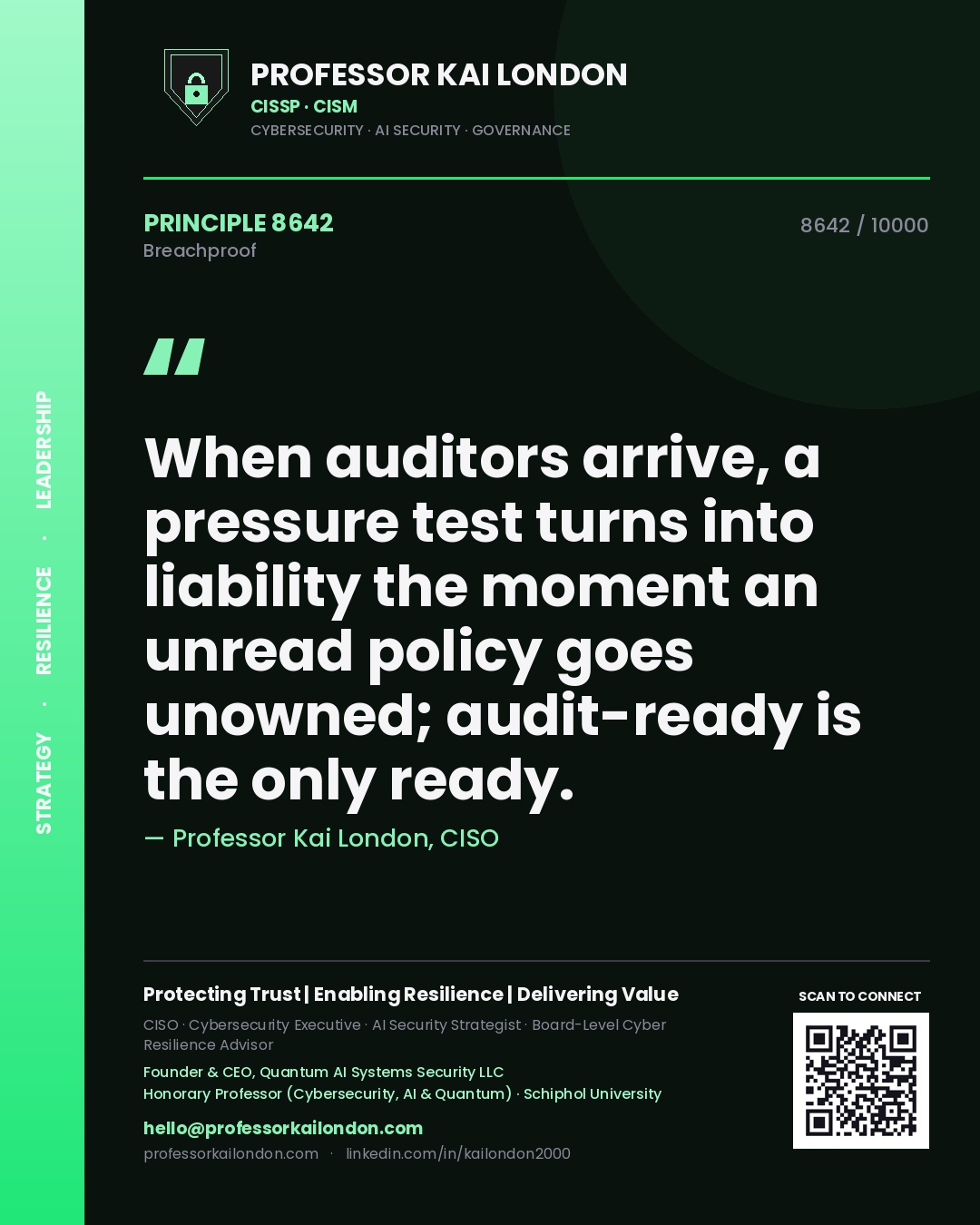 Professor Kai London principle 8642: When auditors arrive, a pressure test turns into liability the moment an unread policy goes unowned; audit-ready is the only ready.