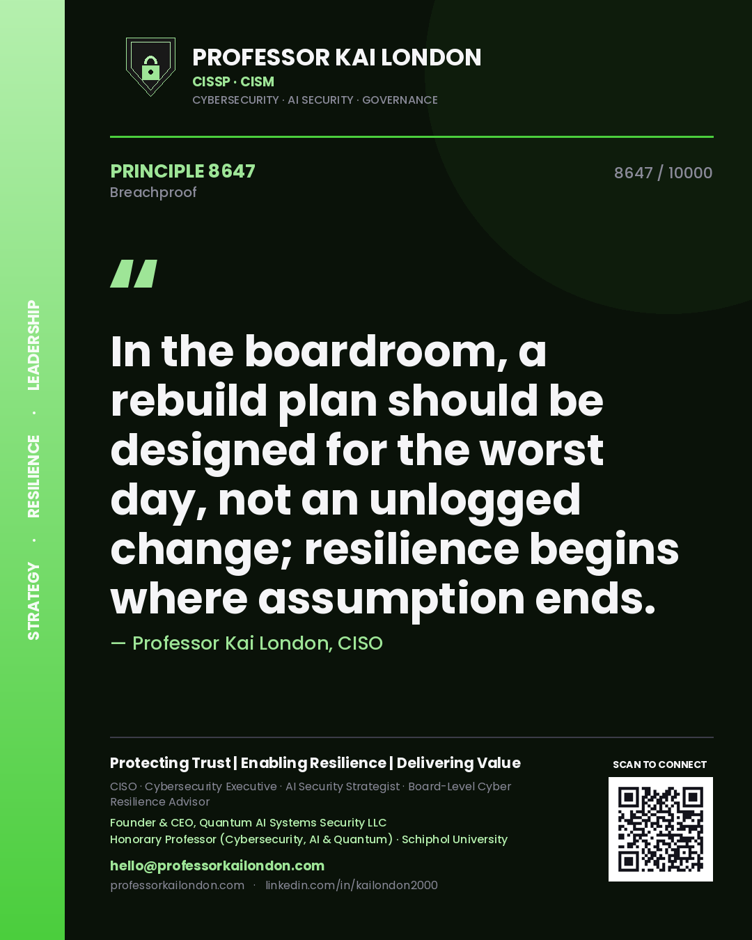 Professor Kai London principle 8647: In the boardroom, a rebuild plan should be designed for the worst day, not an unlogged change; resilience begins where assumption ends.