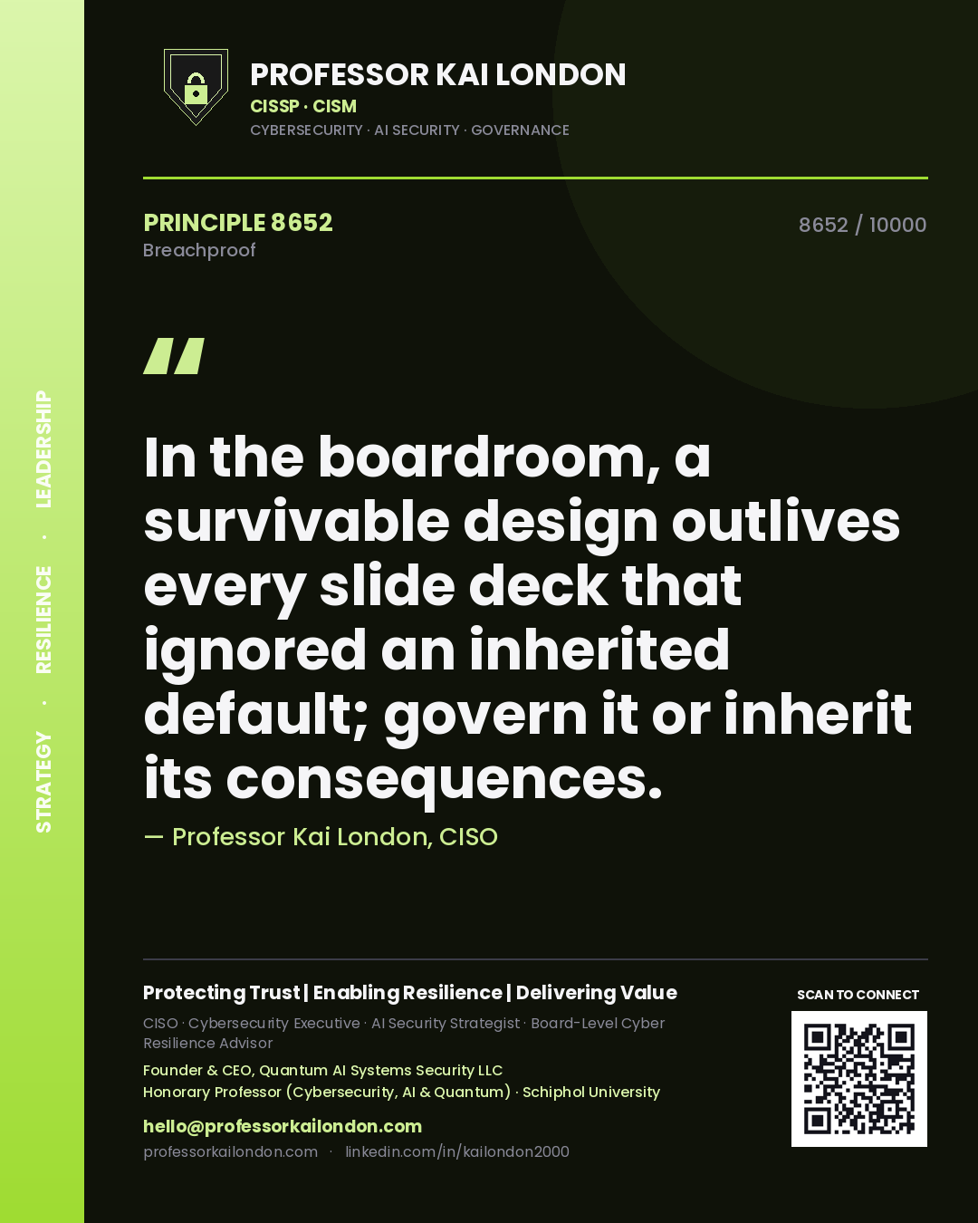 Quote card by Professor Kai London reading 'In the boardroom, a survivable design outlives every slide deck that ignored an inherited default; govern it or inherit its consequences.'. From the book Breachproof.