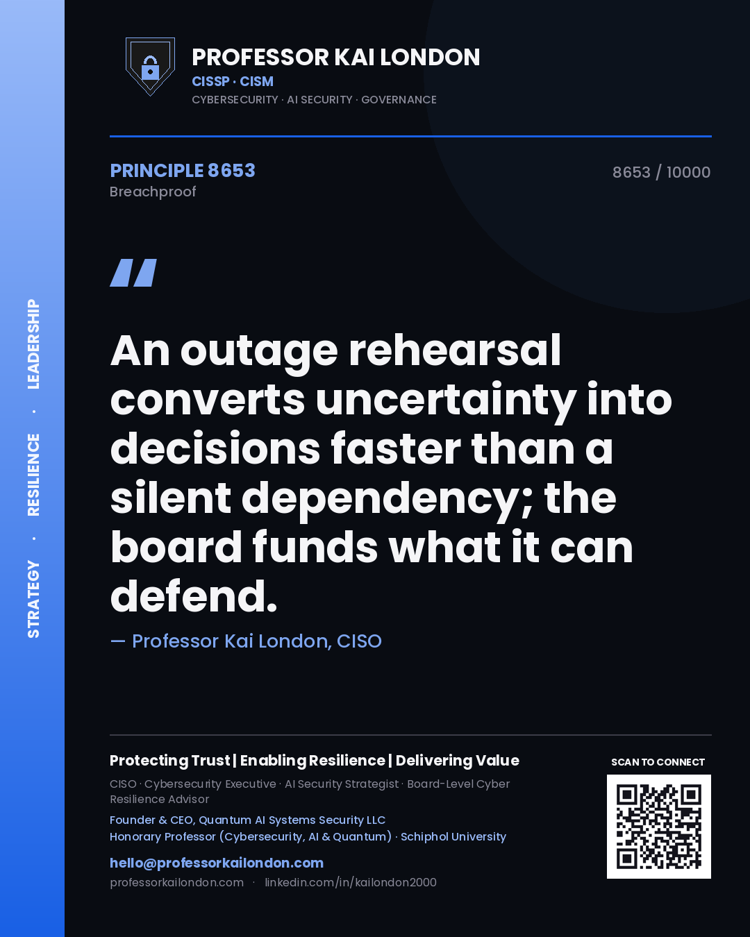 Professor Kai London principle 8653: An outage rehearsal converts uncertainty into decisions faster than a silent dependency; the board funds what it can defend.