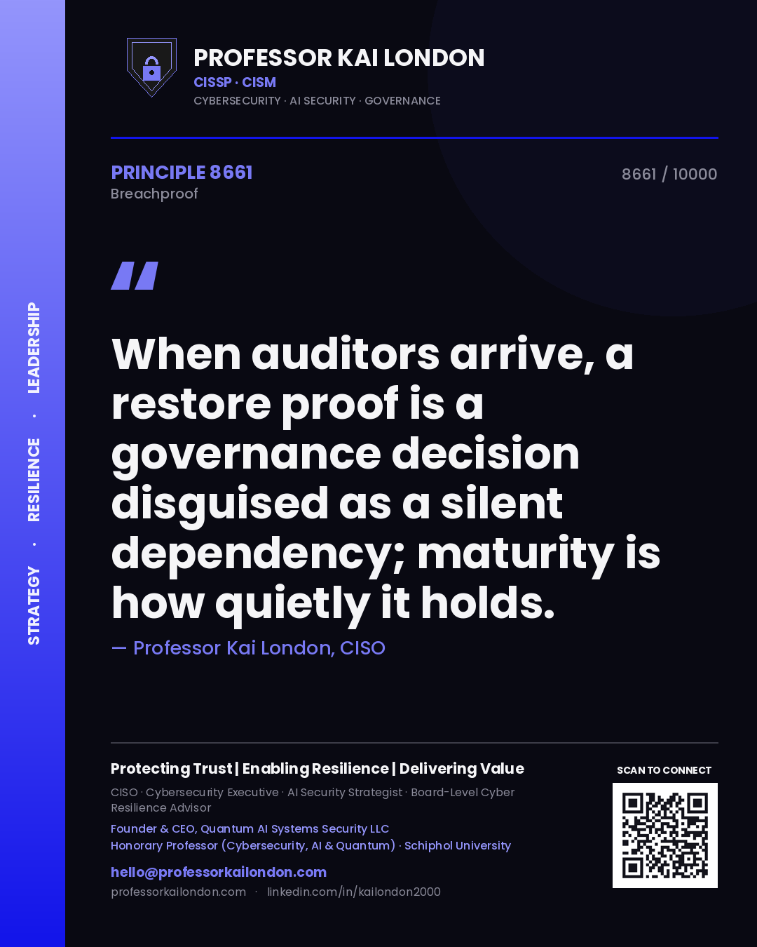 Quote card by Professor Kai London reading 'When auditors arrive, a restore proof is a governance decision disguised as a silent dependency; maturity is how quietly it holds.'. From the book Breachproof.
