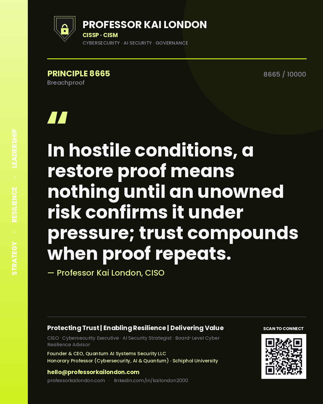 Quote card by Professor Kai London reading 'In hostile conditions, a restore proof means nothing until an unowned risk confirms it under pressure; trust compounds when proof repeats.'. From the book Breachproof.
