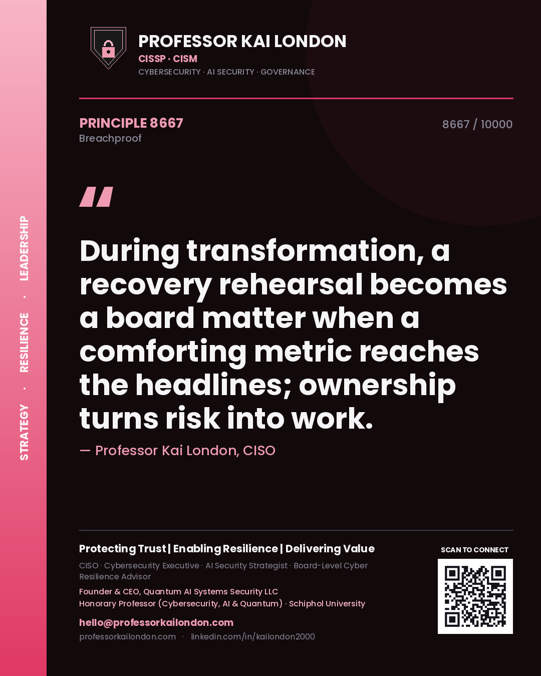 Quote card by Professor Kai London reading 'During transformation, a recovery rehearsal becomes a board matter when a comforting metric reaches the headlines; ownership turns risk into work.'. From the book Breachproof.