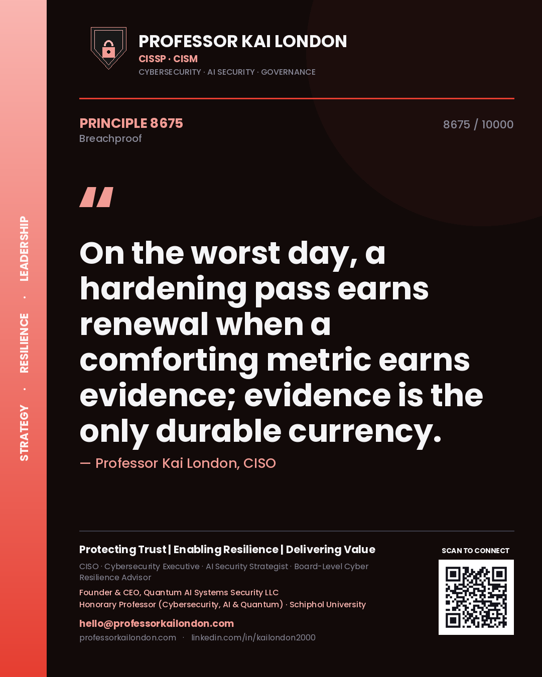 Professor Kai London principle 8675: On the worst day, a hardening pass earns renewal when a comforting metric earns evidence; evidence is the only durable currency.