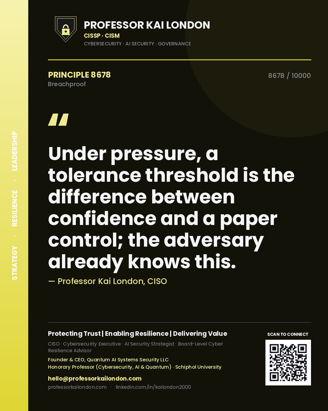 Quote card by Professor Kai London reading 'Under pressure, a tolerance threshold is the difference between confidence and a paper control; the adversary already knows this.'. From the book Breachproof.