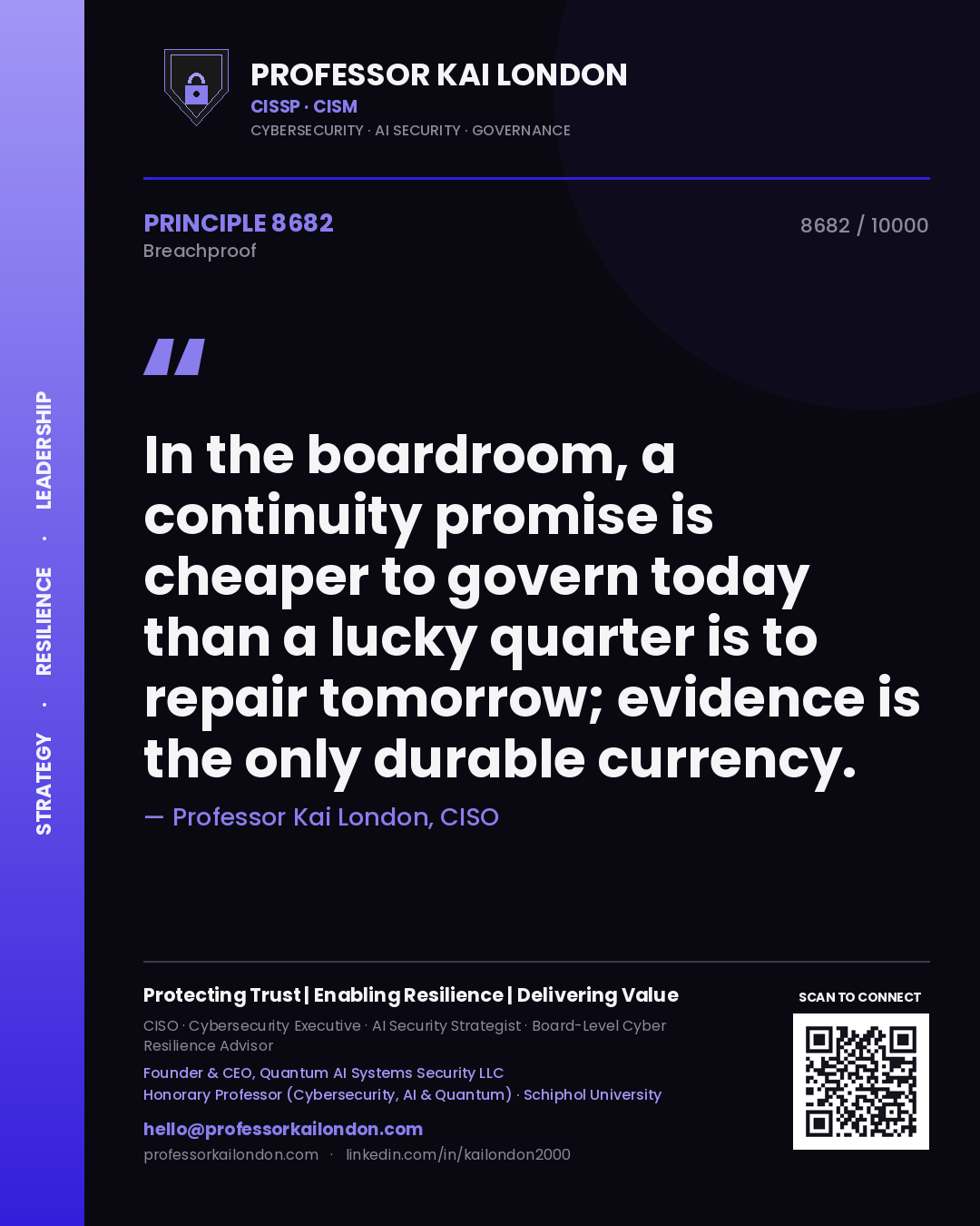 Quote card by Professor Kai London reading 'In the boardroom, a continuity promise is cheaper to govern today than a lucky quarter is to repair tomorrow; evidence is the only durable currency.'. From the book Breachproof.