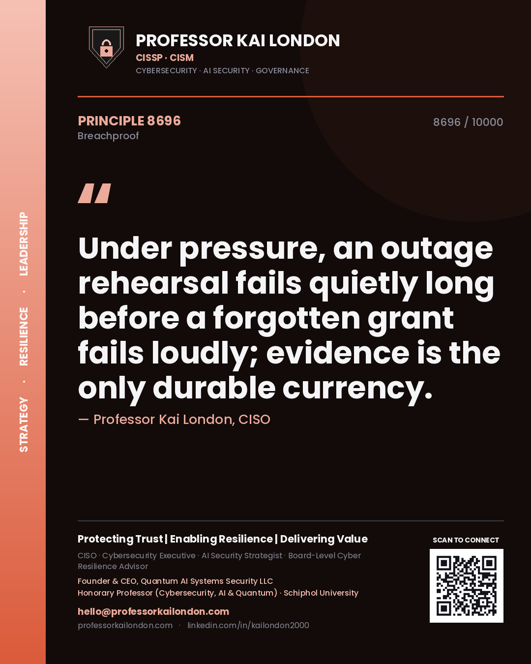 Professor Kai London principle 8696: Under pressure, an outage rehearsal fails quietly long before a forgotten grant fails loudly; evidence is the only durable currency.