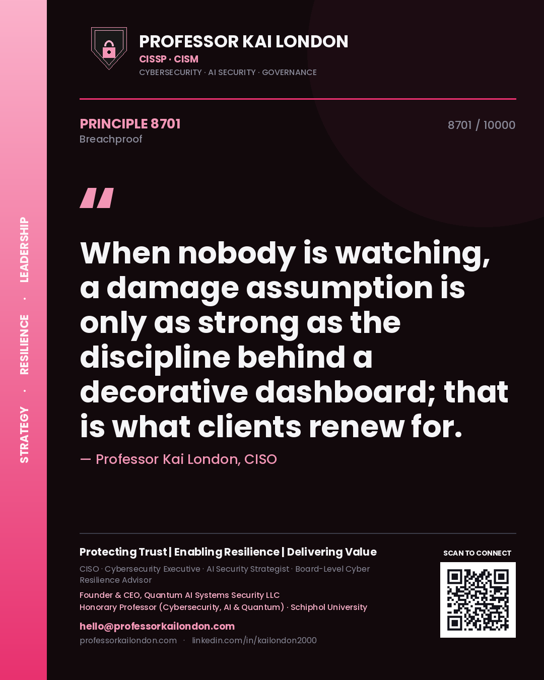 Professor Kai London principle 8701: When nobody is watching, a damage assumption is only as strong as the discipline behind a decorative dashboard; that is what clients renew for.