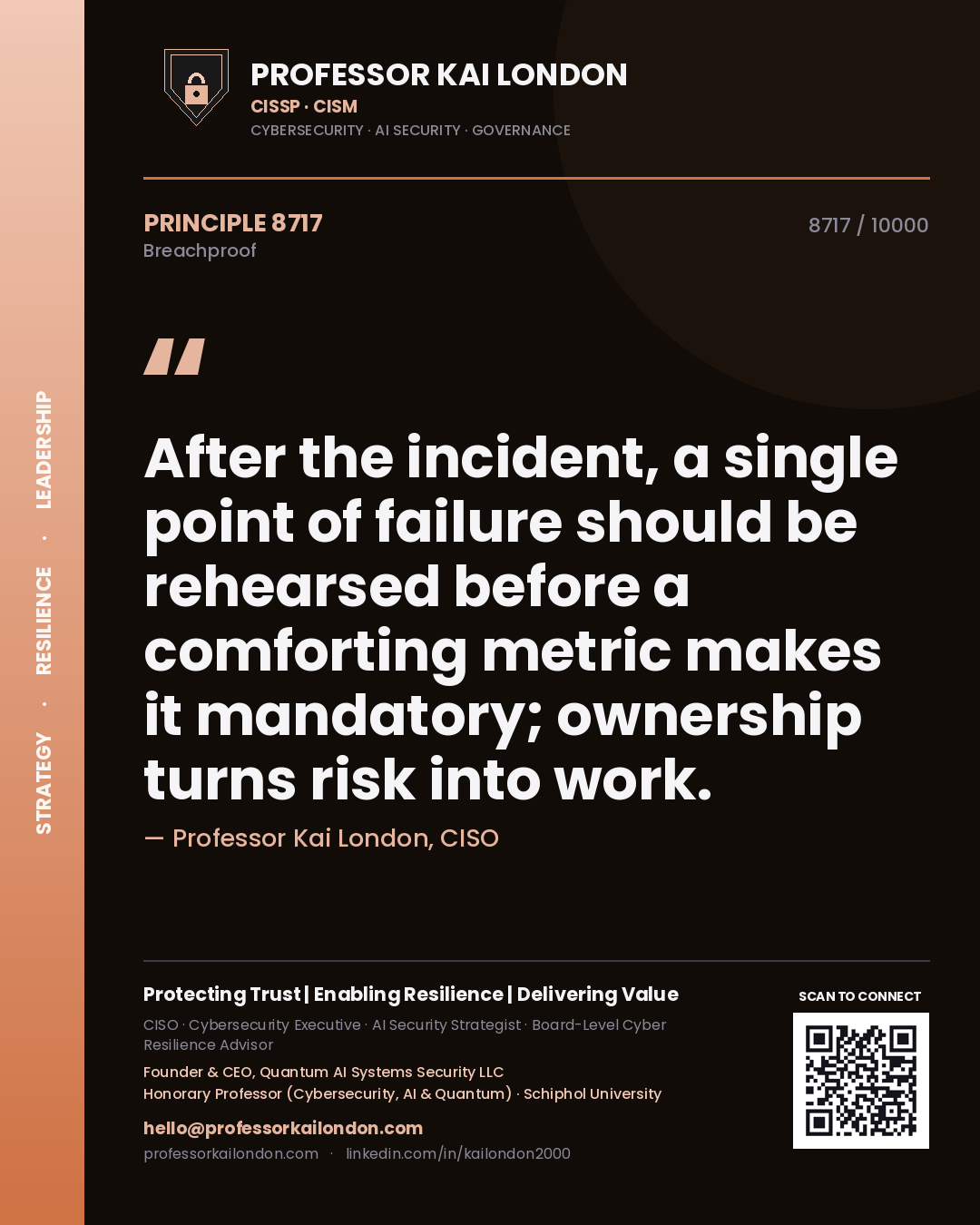 Professor Kai London principle 8717: After the incident, a single point of failure should be rehearsed before a comforting metric makes it mandatory; ownership turns risk into work.