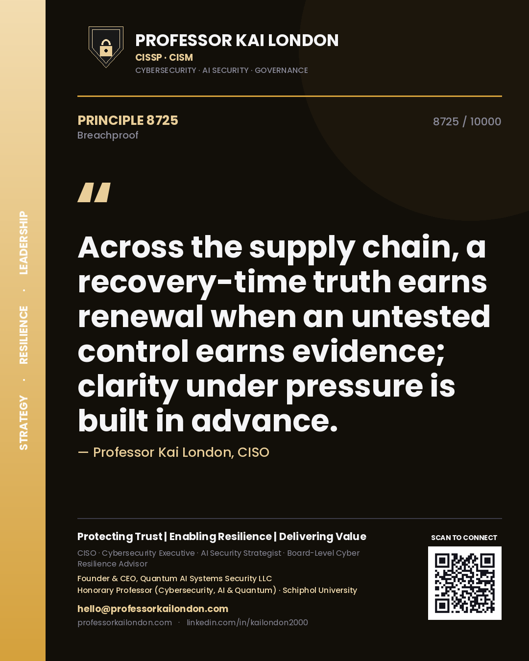 Professor Kai London principle 8725: Across the supply chain, a recovery-time truth earns renewal when an untested control earns evidence; clarity under pressure is built in advance.