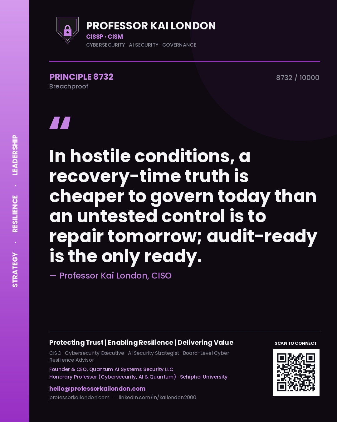 Quote card by Professor Kai London reading 'In hostile conditions, a recovery-time truth is cheaper to govern today than an untested control is to repair tomorrow; audit-ready is the only ready.'. From the book Breachproof.