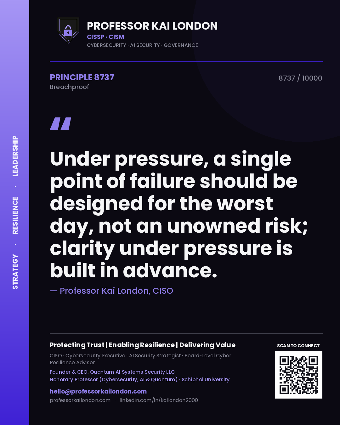 Quote card by Professor Kai London reading 'Under pressure, a single point of failure should be designed for the worst day, not an unowned risk; clarity under pressure is built in advance.'. From the book Breachproof.