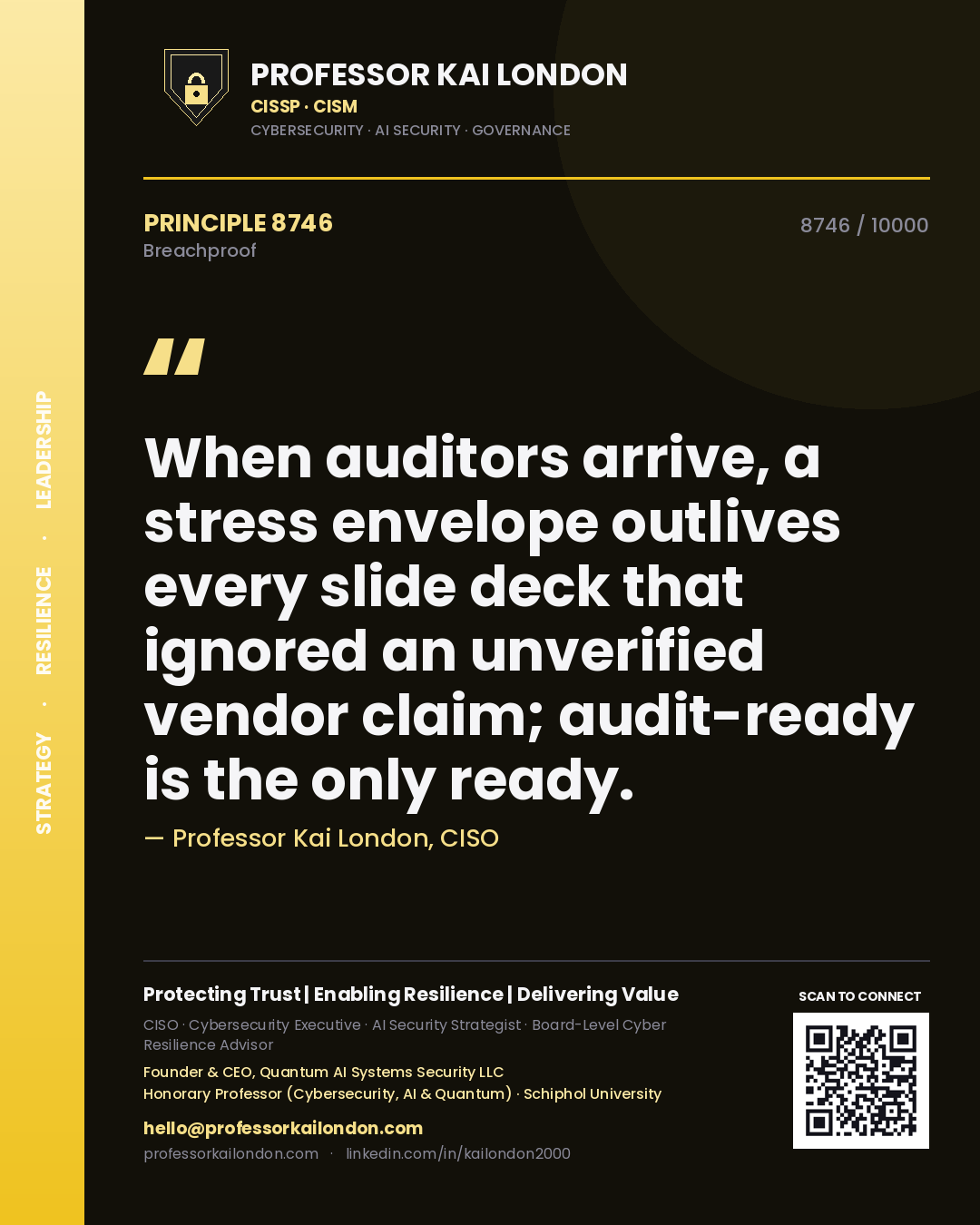 Quote card by Professor Kai London reading 'When auditors arrive, a stress envelope outlives every slide deck that ignored an unverified vendor claim; audit-ready is the only ready.'. From the book Breachproof.