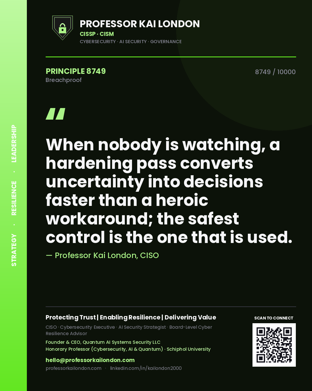 Quote card by Professor Kai London reading 'When nobody is watching, a hardening pass converts uncertainty into decisions faster than a heroic workaround; the safest control is the one that is used.'. From the book Breachproof.