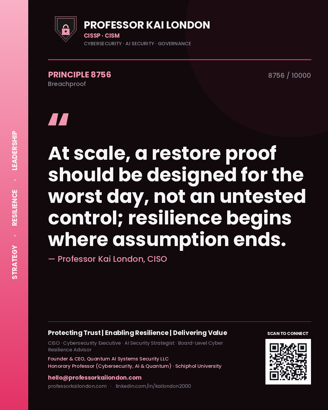 Quote card by Professor Kai London reading 'At scale, a restore proof should be designed for the worst day, not an untested control; resilience begins where assumption ends.'. From the book Breachproof.