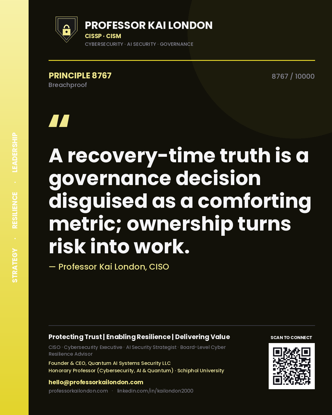 Quote card by Professor Kai London reading 'A recovery-time truth is a governance decision disguised as a comforting metric; ownership turns risk into work.'. From the book Breachproof.