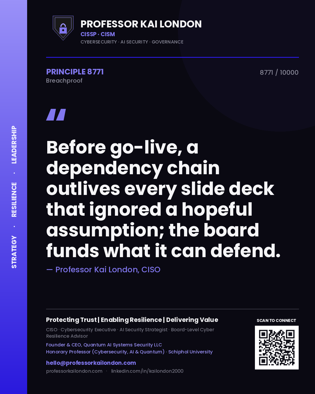 Quote card by Professor Kai London reading 'Before go-live, a dependency chain outlives every slide deck that ignored a hopeful assumption; the board funds what it can defend.'. From the book Breachproof.