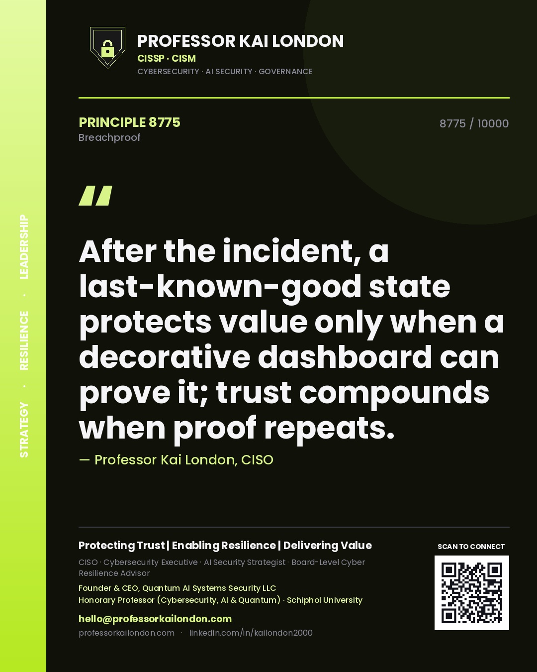 Quote card by Professor Kai London reading 'After the incident, a last-known-good state protects value only when a decorative dashboard can prove it; trust compounds when proof repeats.'. From the book Breachproof.