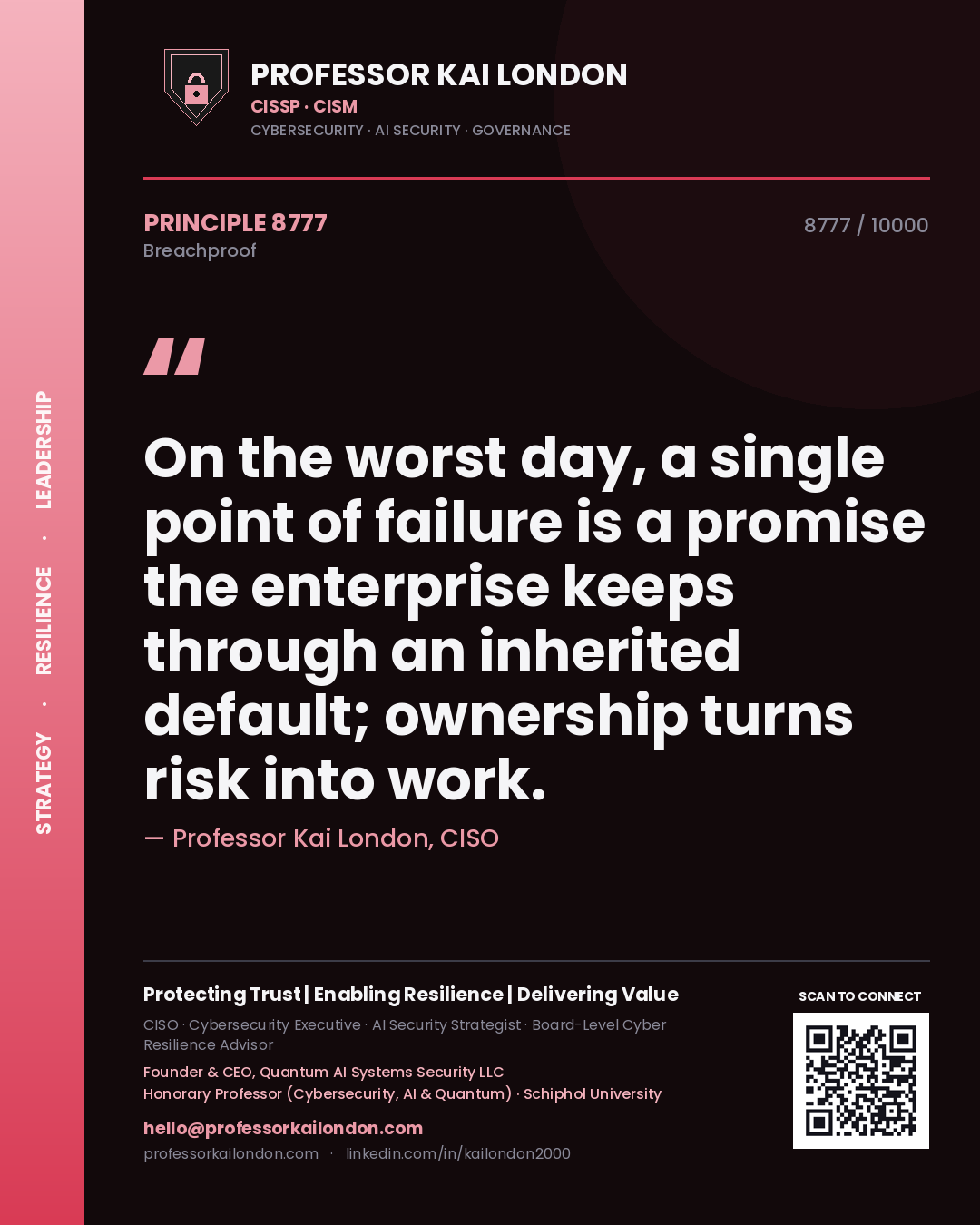 Professor Kai London principle 8777: On the worst day, a single point of failure is a promise the enterprise keeps through an inherited default; ownership turns risk into work.
