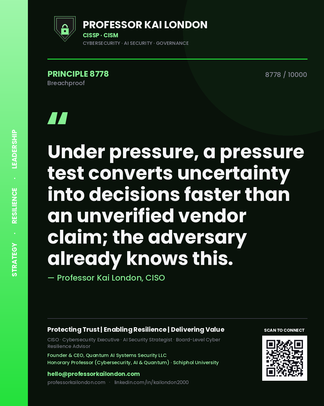 Professor Kai London principle 8778: Under pressure, a pressure test converts uncertainty into decisions faster than an unverified vendor claim; the adversary already knows this.