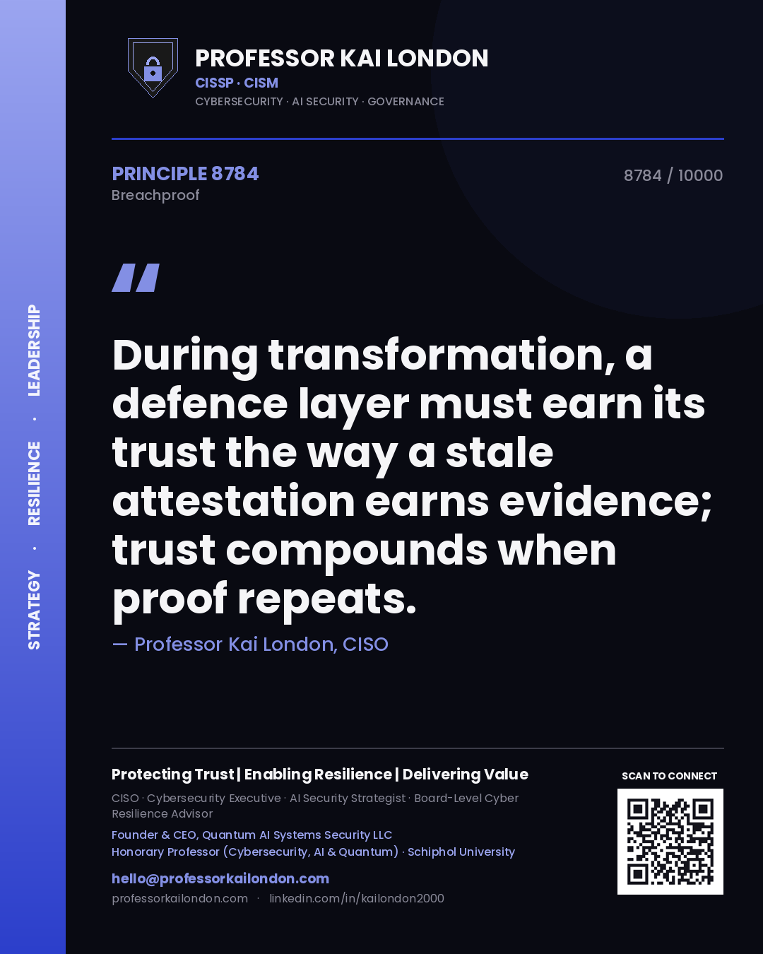 Quote card by Professor Kai London reading 'During transformation, a defence layer must earn its trust the way a stale attestation earns evidence; trust compounds when proof repeats.'. From the book Breachproof.