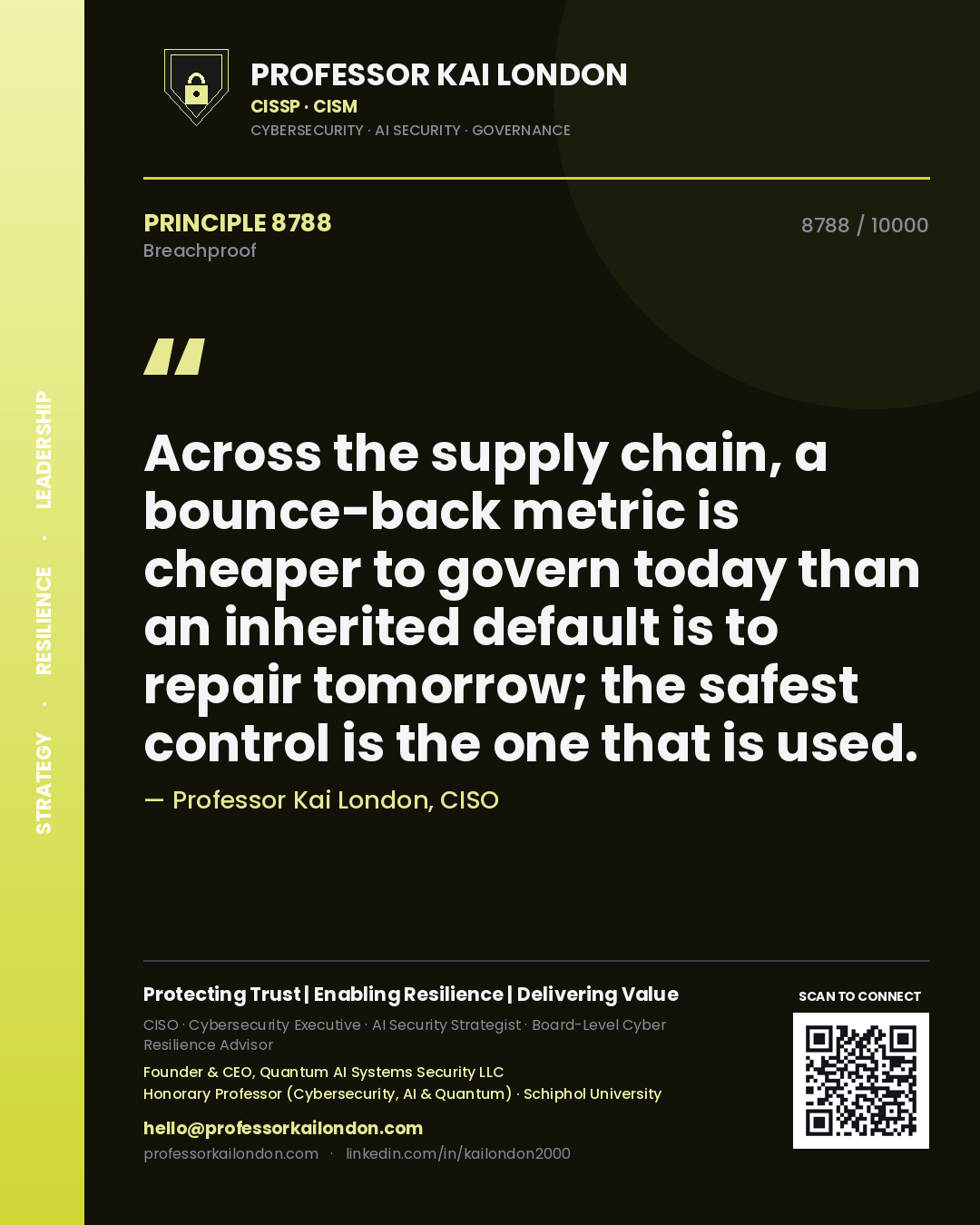 Professor Kai London principle 8788: Across the supply chain, a bounce-back metric is cheaper to govern today than an inherited default is to repair tomorrow; the safest control is the one that is used.