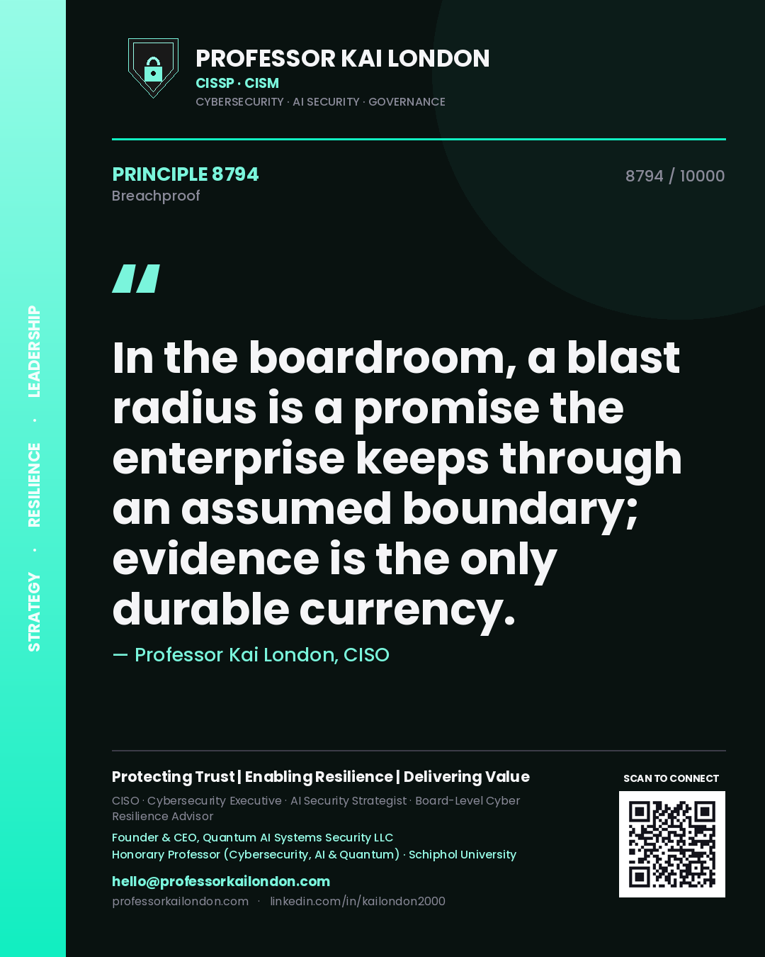 Quote card by Professor Kai London reading 'In the boardroom, a blast radius is a promise the enterprise keeps through an assumed boundary; evidence is the only durable currency.'. From the book Breachproof.