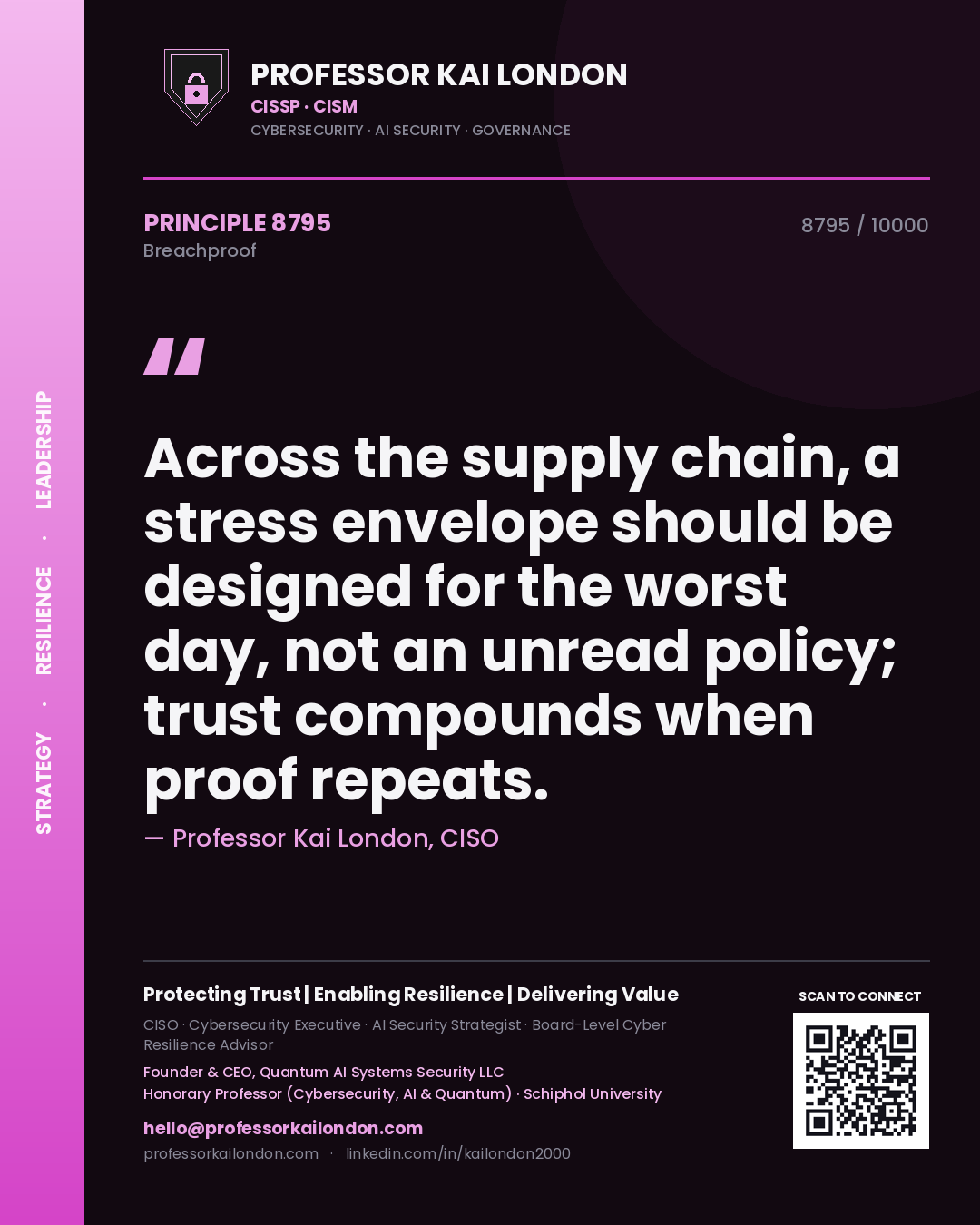 Professor Kai London principle 8795: Across the supply chain, a stress envelope should be designed for the worst day, not an unread policy; trust compounds when proof repeats.