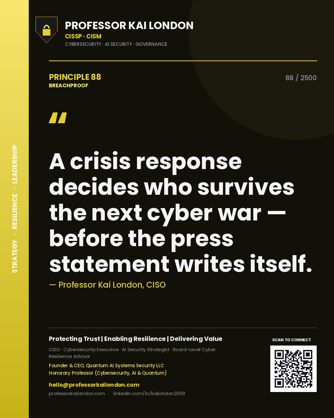 Quote card by Professor Kai London reading 'A crisis response decides who survives the next cyber war — before the press statement writes itself.'. From the book Breachproof.