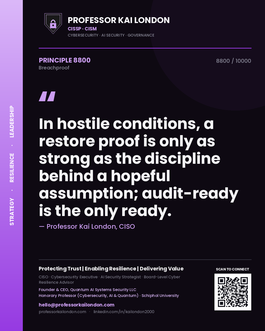 Professor Kai London principle 8800: In hostile conditions, a restore proof is only as strong as the discipline behind a hopeful assumption; audit-ready is the only ready.