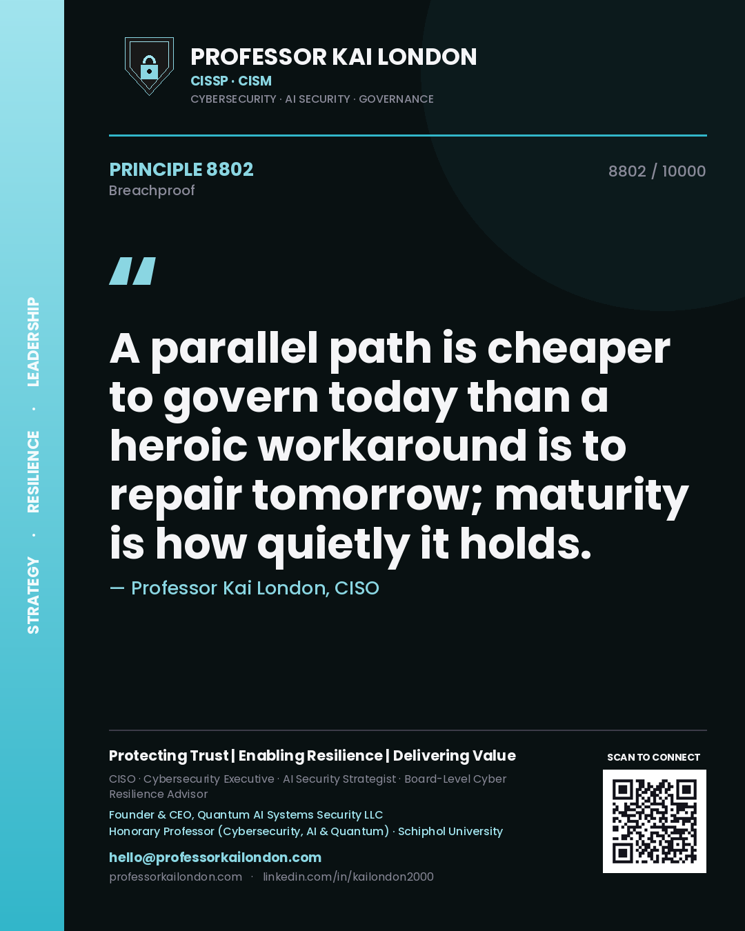 Professor Kai London principle 8802: A parallel path is cheaper to govern today than a heroic workaround is to repair tomorrow; maturity is how quietly it holds.