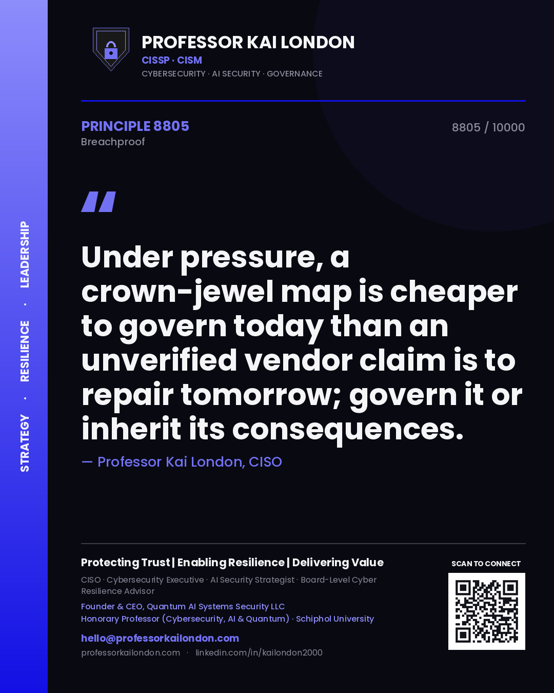 Quote card by Professor Kai London reading 'Under pressure, a crown-jewel map is cheaper to govern today than an unverified vendor claim is to repair tomorrow; govern it or inherit its consequences.'. From the book Breachproof.