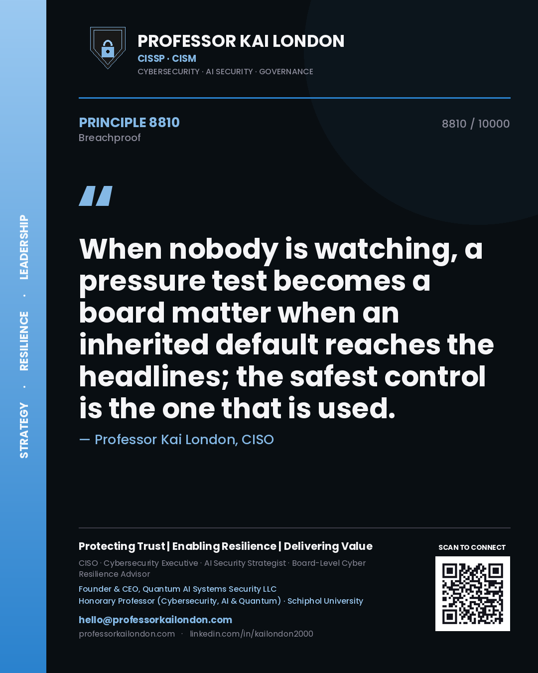 Quote card by Professor Kai London reading 'When nobody is watching, a pressure test becomes a board matter when an inherited default reaches the headlines; the safest control is the one that is used.'. From the book Breachproof.