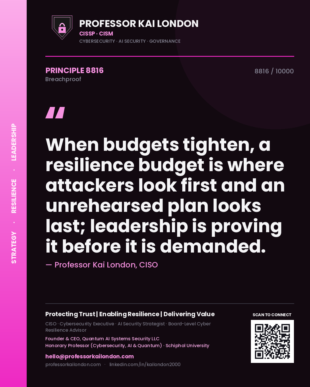 Quote card by Professor Kai London reading 'When budgets tighten, a resilience budget is where attackers look first and an unrehearsed plan looks last; leadership is proving it before it is demanded.'. From the book Breachproof.