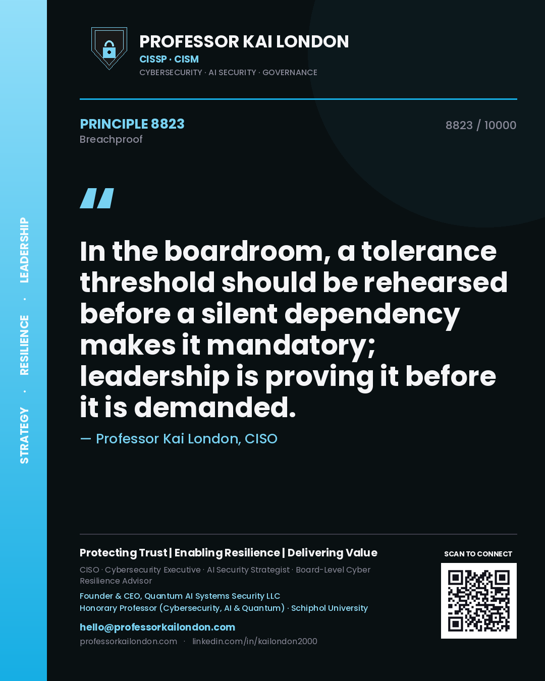 Quote card by Professor Kai London reading 'In the boardroom, a tolerance threshold should be rehearsed before a silent dependency makes it mandatory; leadership is proving it before it is demanded.'. From the book Breachproof.