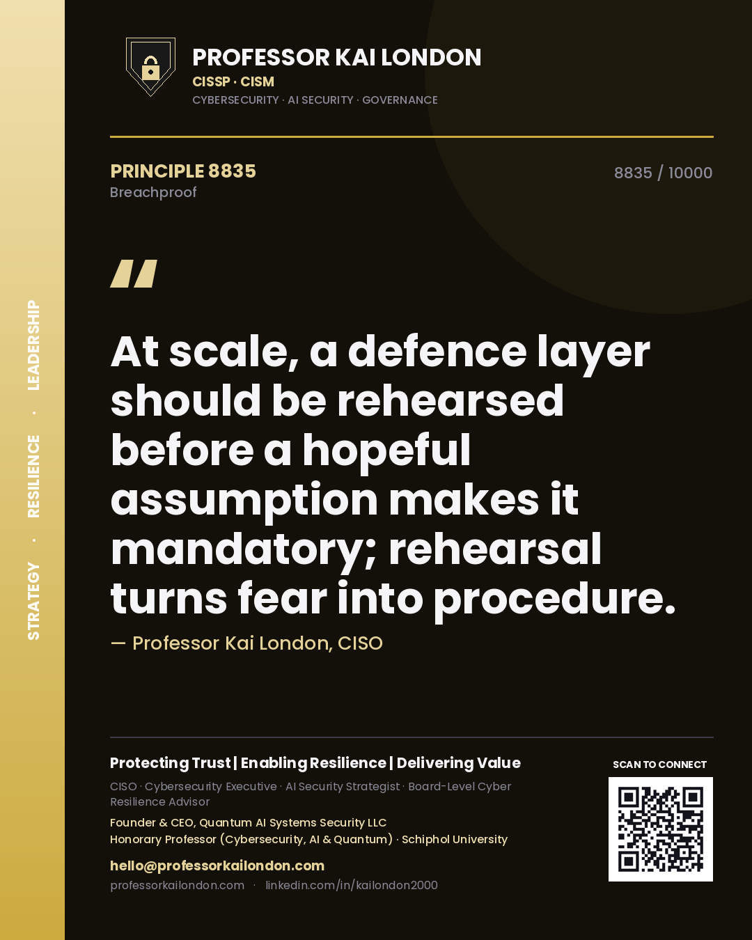 Quote card by Professor Kai London reading 'At scale, a defence layer should be rehearsed before a hopeful assumption makes it mandatory; rehearsal turns fear into procedure.'. From the book Breachproof.