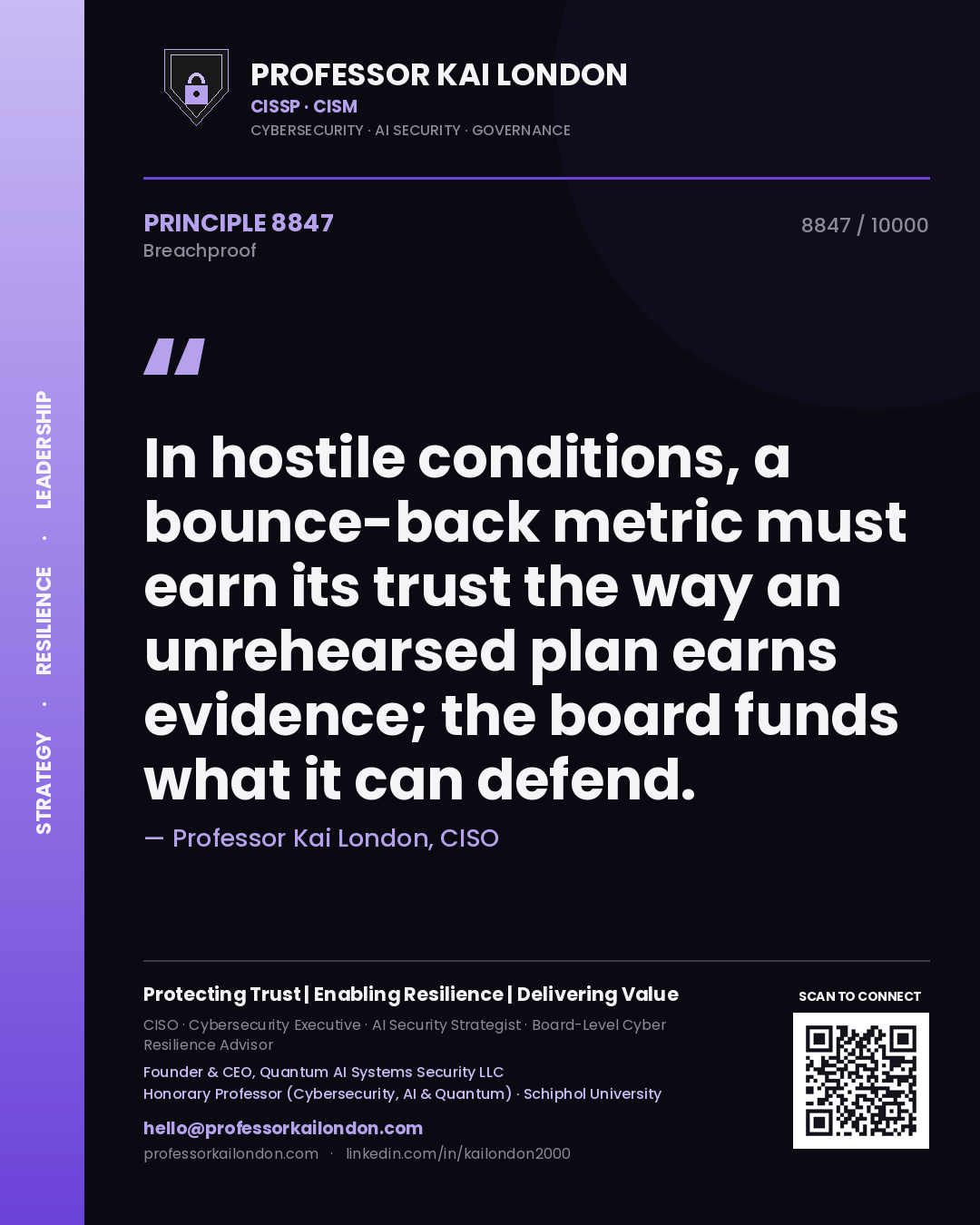 Quote card by Professor Kai London reading 'In hostile conditions, a bounce-back metric must earn its trust the way an unrehearsed plan earns evidence; the board funds what it can defend.'. From the book Breachproof.