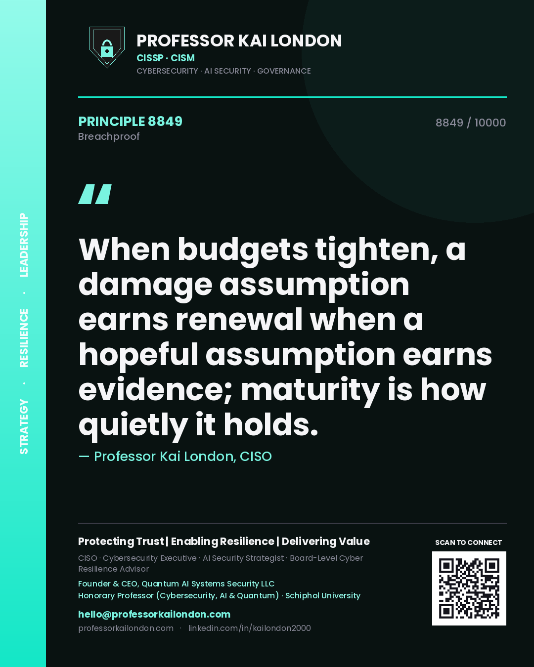 Quote card by Professor Kai London reading 'When budgets tighten, a damage assumption earns renewal when a hopeful assumption earns evidence; maturity is how quietly it holds.'. From the book Breachproof.